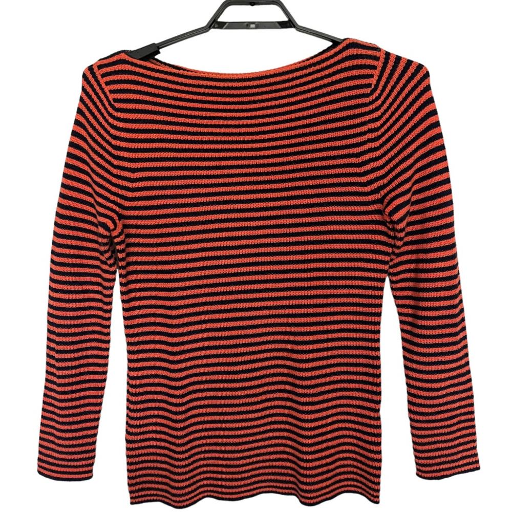Lauren Ralph Lauren Cotton Stripe Womens Sweater Size XL Orange Blue Boat Neck